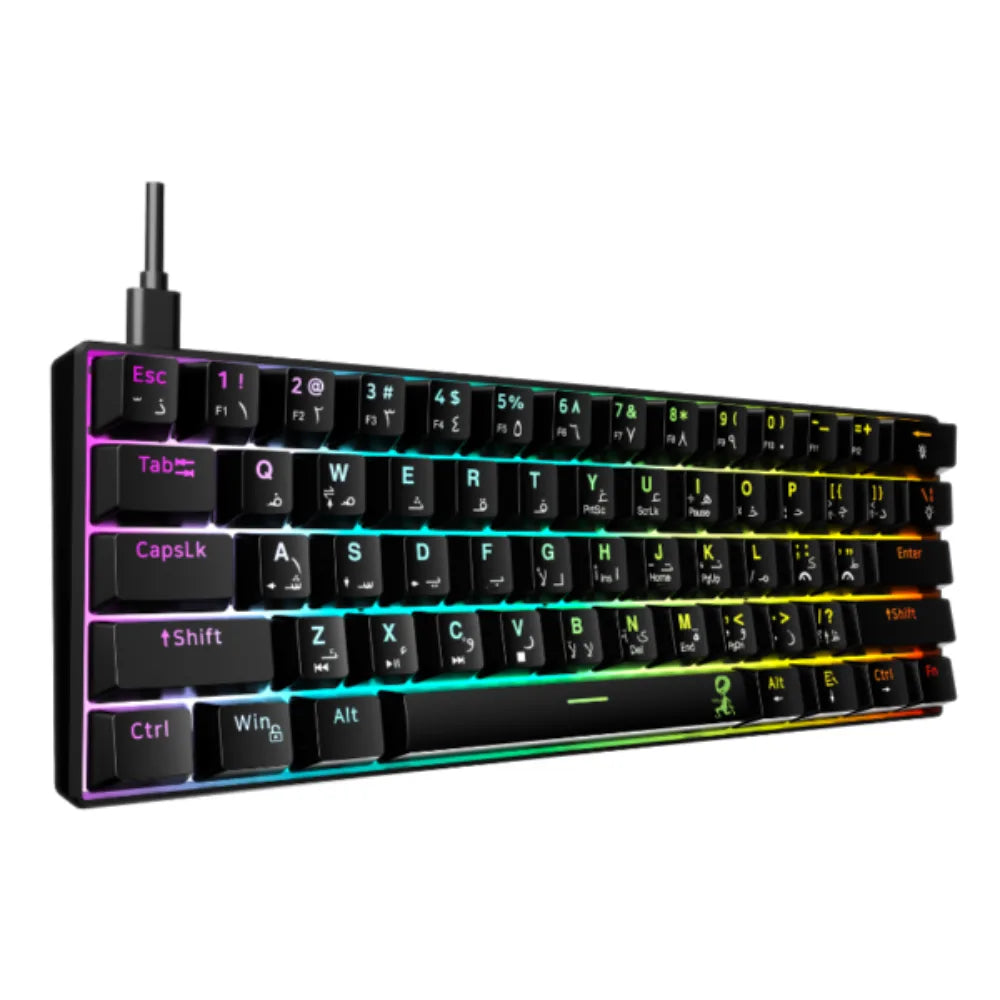 Mouschi Blaster 60% mechanical keyboard with red switches, RGB lighting — angled view