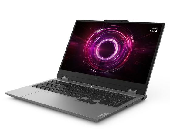 Lenovo LOQ 15AHP10 gaming laptop Luna Grey - front view with white backlit keyboard